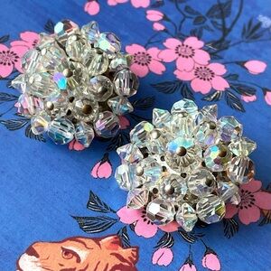Vintage AB aurora borealis cluster clip-on earrings romantic glamour unmarked